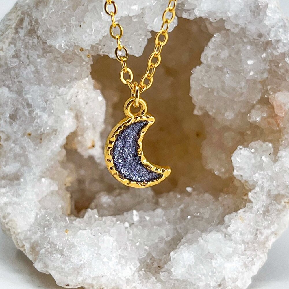 320 14k Gold Dark Purple Glitter Resin Moon Charm Handmade Pendant Necklace 13$